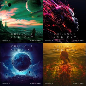May include: Four album covers with the text "CHILLOUT AMBIENT" and "ROYALTY FREE". The covers feature surreal landscapes, a person wearing headphones, and a person standing in water. Volumes 1, 2, 3, and 4 are displayed.