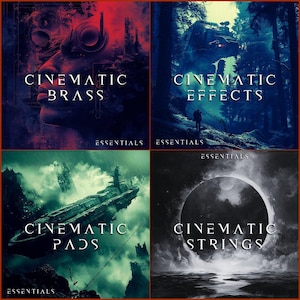 以下が含まれることがあります： 暗い映画のテーマを持つ4つのアルバムカバー。「Cinematic Brass」、「Cinematic Effects」、「Cinematic Pads」、「Cinematic Strings」というタイトル。各カバーには、顔、未来的な乗り物、宇宙船など、さまざまな画像が使用されています。