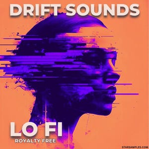 May include: An orange and purple digital art image with the text "DRIFT SOUNDS" at the top. The image features a stylized face with purple horizontal lines. The text "LO FI" and "ROYALTY FREE" are at the bottom.