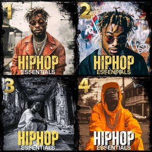 Puede incluir: Un collage de cuatro imágenes con el texto "HIPHOP ESSENTIALS". Las imágenes muestran a hombres en varias poses y atuendos, incluyendo una sudadera con capucha naranja y una chaqueta roja. El tema general es la cultura y el estilo hip-hop.