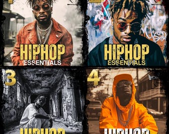 May include: A collage of four images featuring men in various poses, each with the text "HIPHOP ESSENTIALS." The images showcase different styles, including a man in an orange hoodie and another in a red jacket, all with a hip-hop theme.
