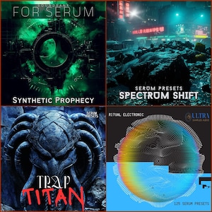 May include: A digital artwork composed of four separate designs, each with text including "Synthetic Prophecy," "Spectrum Shift," and "Trap Titan." The designs feature futuristic and abstract elements, with vivid colours and dynamic compositions. The text "For Serum" and "Serum Presets" are also visible.