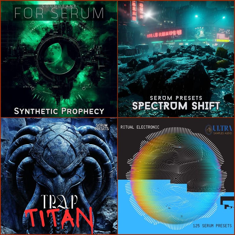 K&ouml;nnte beinhalten: Eine digitale Kunstcollage mit vier verschiedenen Designs. Jedes Design enth&auml;lt Text wie "Synthetic Prophecy", "Spectrum Shift" und "Trap Titan". Die Designs beinhalten futuristische und abstrakte Elemente mit lebendigen Farben und dynamischen Kompositionen.