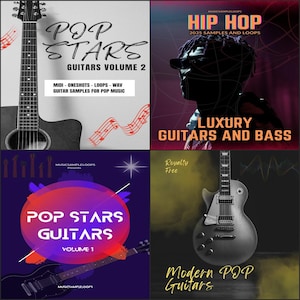 Puede incluir: Cuatro portadas de álbumes con guitarras y texto musical. La portada superior izquierda dice "Pop Stars Guitars Volume 2" con "MIDI - Oneshot - Loops - WAV Guitar Samples for Pop Music". La portada superior derecha dice "Hip Hop 2035 Samples and Loops".