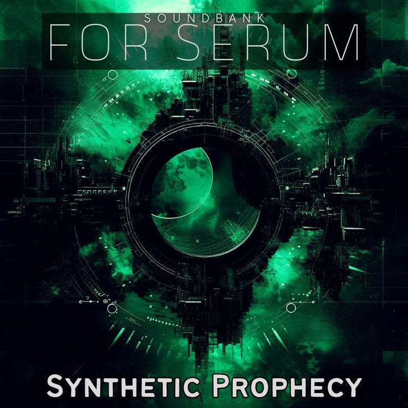 K&ouml;nnte beinhalten: Ein digitales Kunstwerk mit futuristischem, Science-Fiction-Thema. Das Bild zeigt oben den Text "SOUNDBANK FOR SERUM" und unten "SYNTHETIC PROPHECY". Das Design integriert eine kreisf&ouml;rmige Struktur mit einem gr&uuml;nen und schwarzen Farbschema.
