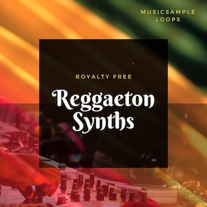 May include: A promotional image for music samples. The image features the text "Reggaeton Synths" in a bold, white font, set against a dark background. The words "Royalty Free" and "Music Sample Loops" are also visible. The background has a blurred, colorful gradient.