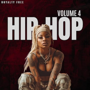 Può includere: Immagine promozionale per una compilation di musica Hip Hop, con una donna tatuata, che indossa un foulard e gioielli. Le parole "HIP HOP" sono visualizzate in grandi lettere bianche, con "VOLUME 4" sopra.