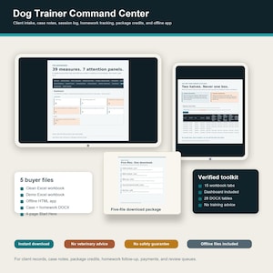 Dog Trainer Command Center | Client Tracker, Session Log, Homework (Excel + App)