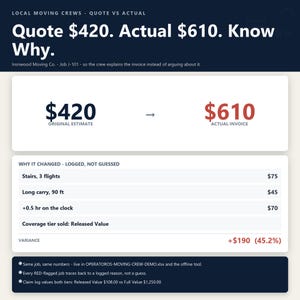 May include: A digital infographic titled Local Moving Crews - Quote vs Actual showing an original estimate of $420 and an actual invoice of $610. It lists cost changes for stairs, long carry, and time, resulting in a $190 variance of 45.2%.
