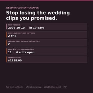 Może przedstawiać: Ciemny cyfrowy pulpit nawigacyjny zatytułowany Wedding Content Creator z tekstem Stop losing the wedding clips you promised. Wyświetla metryki, w tym Next Wedding 2026-10-10, Must-have shots not captured 2 of 8, Capture rows without two backups 2, Clips you still owe somebody 11, 6 edits open oraz Unpaid balance $1238.00.