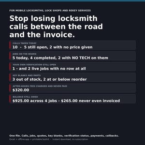 May include: A dark blue digital dashboard for locksmiths titled Stop losing locksmith calls between the road and the invoice. It lists metrics including 10 calls taken, 5 jobs on the board, 3 out of stock parts, $320.00 in unpaid fees, and $925.00 owed.