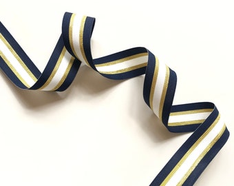 Navy Blue White & Gold Ribbon, Striped Grosgrain, by the Yard, 1 1/2 Inch, for Gift Wrap, Holiday Decorating, Gift Baskets, Hairbows, 1 1/2”