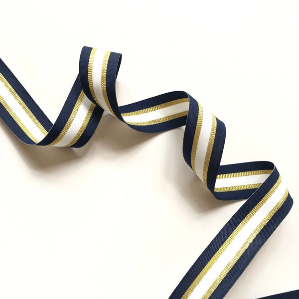 Navy Blue White & Gold Ribbon, Striped Grosgrain, by the Yard, 1 1/2 Inch, for Gift Wrap, Holiday Decorating, Gift Baskets, Hairbows, 1 1/2”