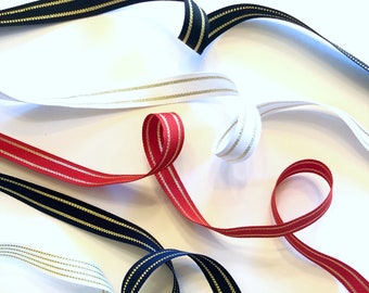 Metallic Gold Striped Ribbon, 5 + Yards x 5/8 Inch Wide, White Black Red or Navy, Double Sided, Christmas Ribbon, Gift Wrap, Made in USA