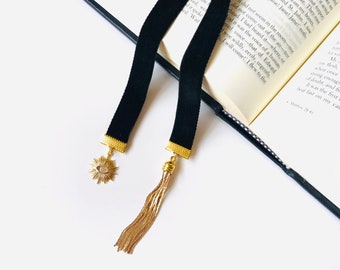 Evil Eye Tassel Bookmark, Black Velvet, Gold Plated, CZ Sun, Gift for Her, Under 30, for Book Lover, Planner or Journal