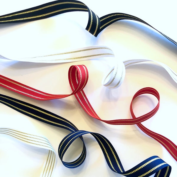 Metallic Gold Striped Ribbon, 5 + Yards x 5/8 Inch Wide, White Black Red or Navy, Double Sided, Christmas Ribbon, Gift Wrap, Made in USA