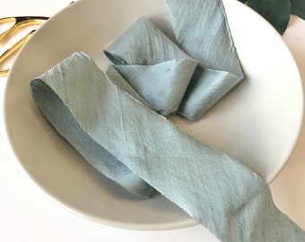 Vapor Blue Gray Silk Ribbon, 2 Inch Wide, by the Yard, Raw Frayed Edge and Textured, for Wedding Bouquets, Decor, Gift Wrap, Shower, 2”