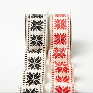 Christmas Snowflake Ribbon, Wired 1.5” Wide, Red or Black Ivory Scandinavian, By the Yard, for Trees, Gift Wrap, Wreaths, Holiday Decor