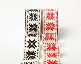 Christmas Snowflake Ribbon, Wired 1.5” Wide, Red or Black Ivory Scandinavian, By the Yard, for Trees, Gift Wrap, Wreaths, Holiday Decor