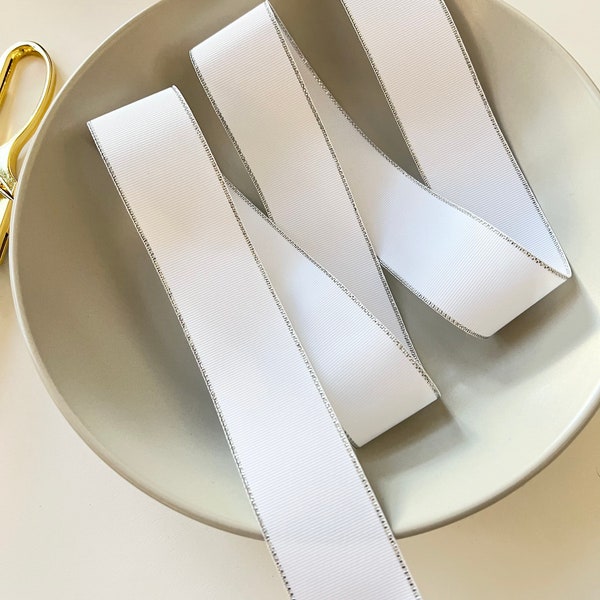 White and Silver Ribbon, 1 3/8” Wide, By the Yard, for Holiday Gift Wrap, Sewing Trim, Wedding Decor, Party Decorations, Hair Bows, 1 3/8 in