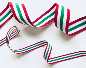 Red White & Green Striped Ribbon, by the Yard, 3/8” 5/8” 7/8” or 1.5” Double Sided, Christmas Ribbon, Candy Stripe, Made in USA