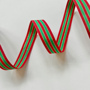 Red Green Gold Striped Ribbon, by the Yard, 7/8” Wide, Double Sided Grosgrain, Christmas Ribbon, Candy Stripe, for Holiday Decor, Gift Wrap