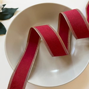 Red Chambray Ribbon with Gold Edge, 1.5” Wide, Wired, by the Yard, for Holiday Wreath Decor, Bows, Gift Wrap, Christmas Trees, Crafts