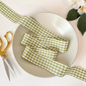 Sage Green White Gingham Ribbon, 1.5 Inch Wide, by the Yard, for Gift Wrap, Sewing Trim, Bows, Baskets, Wreath, Summer Ribbon, 1 1/2”