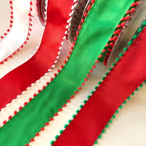 Pom Pom Wired Edge Ribbon, 1.5 Inch Wide, Red Green White, By the Yard, Holiday Christmas Decor, Gifts, Wreaths, Bows, Crafts