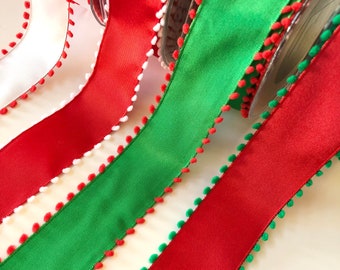 Pom Pom Wired Edge Ribbon, 1.5 Inch Wide, Red Green White, By the Yard, Holiday Christmas Decor, Gifts, Wreaths, Bows, Crafts