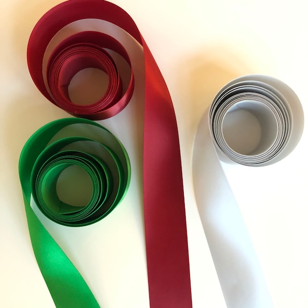 Scarlet Red, Green, or Silver Satin Ribbon, 5 + Yards 1 1/2 Inch Wide, Single Face, for Holiday, Weddings, Gift Wrap, Made in USA, 1.5”