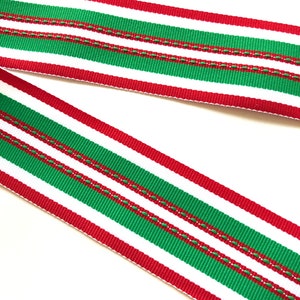 Red White Green Striped Ribbon, 1.5 inch wide, Holiday Stitch, by the Yard, Double Sided, for Gift Wrap, Christmas Tree, Made in USA