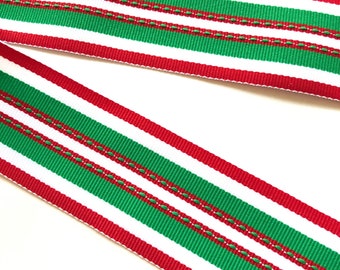 Red White Green Striped Ribbon, 1.5 inch wide, Holiday Stitch, by the Yard, Double Sided, for Gift Wrap, Christmas Tree, Made in USA