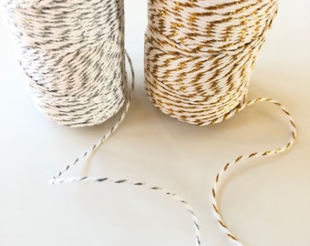 Metallic Bakers Twine, Silver or Gold, 10 + Yards x 2 mm Wide, 100% Cotton, 12-ply, for Gift Wrap, Packaging, Holiday Gifts & Treats