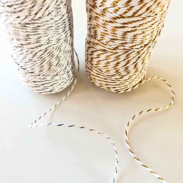 Metallic Bakers Twine, Silver or Gold, 10 + Yards x 2 mm Wide, 100% Cotton, 12-ply, for Gift Wrap, Packaging, Holiday Gifts & Treats