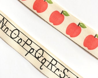 3/4” Ivory Cotton Canvas Ribbon, by the Yard, Apple or Alphabet, Gift for Teacher, Gift Wrap, Back to School, Scrapbooking, 3/4 inch