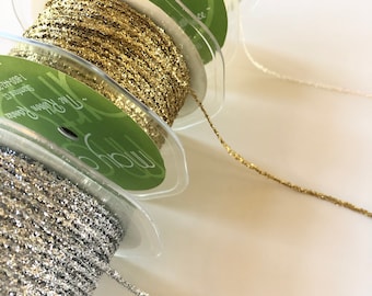 Metallic Tinsel String Cord, Silver Gold or White, 5+ Yards, 1/8” Wide, Bakers Twine, for Gift Wrap, Favors, Holiday Gifts and Crafts