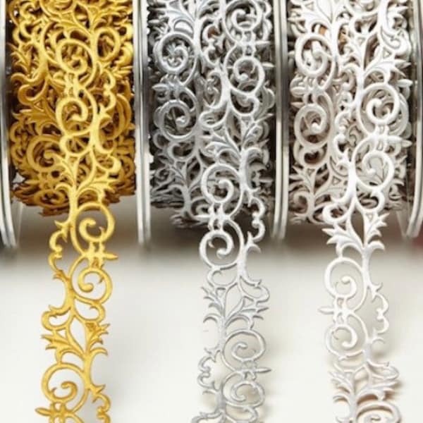 Adhesive Fleur de Lis Ribbon, 7/8 Inch Wide, Gold Silver or White, by the Yard, Scroll Trim for Wedding, Card Making, Scrapbooking, 7/8”