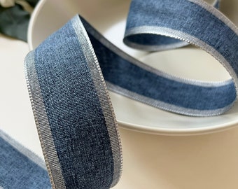 Blue Chambray Ribbon with Silver Edge, 1.5” Wide, Wired, by the Yard, for Holiday Wreath Decor, Bows, Gift Wrap, Christmas Trees, Crafts