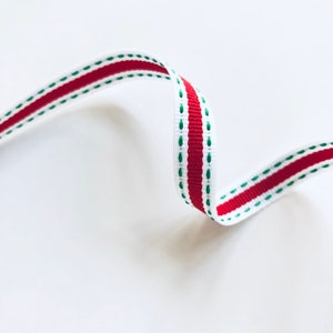 3/8” Red White Green Ribbon, 5 + Yards, Holiday Stripe Stitch, for Gift Wrap, Christmas Party Favors, Crafts, Made in USA, 3/8 inch