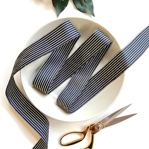 Navy Blue & Gold Ribbon, Metallic Striped Grosgrain, by the Yard, 1 1/2 Inch, for Gift Wrap, Holiday Decor, Gift Baskets, Hairbows, 1 1/2”