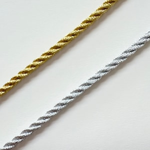 Metallic Twisted Cord, Silver or Gold, 2 mm, by the Yard, Ribbon Rope for Gift Wrap, Packaging, Decor Trim, Holiday Crafts & Treats