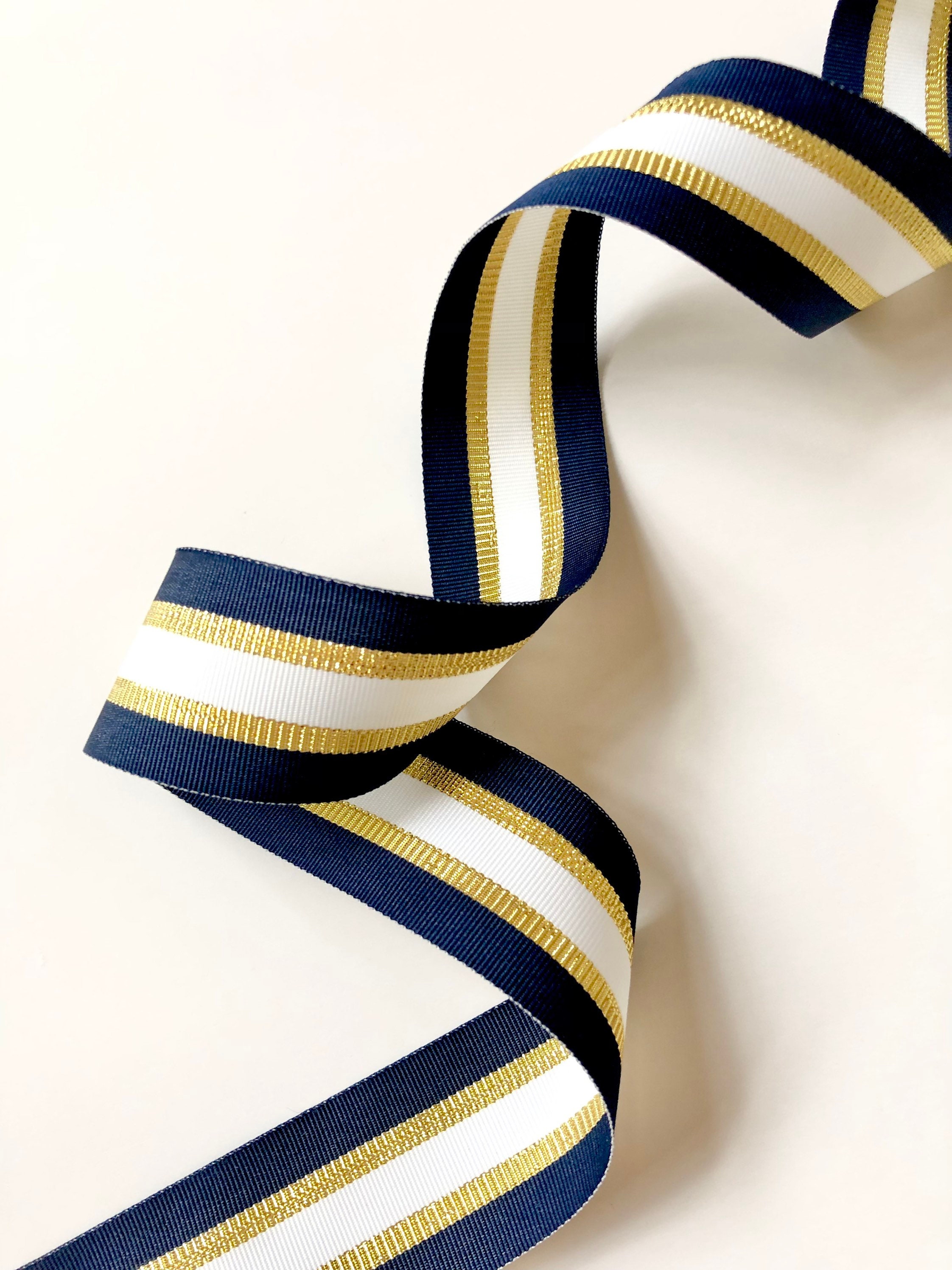 Navy Blue White & Gold Ribbon Striped Grosgrain by the Yard Etsy