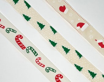 1” Ivory Cotton Christmas Print Ribbon, by the Yard, Stocking & Hat, Trees, or Candy Canes, for Gift Wrap, Holiday Decor, Scrapbook, Sewing