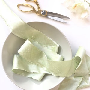 Honeydew Light Green Silk Ribbon, 2 Inch Wide, by the Yard, Raw Frayed Edge and Textured, for Wedding Bouquets, Decor, Gift Wrap, Shower, 2”