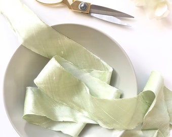 Honeydew Light Green Silk Ribbon, 2 Inch Wide, by the Yard, Raw Frayed Edge and Textured, for Wedding Bouquets, Decor, Gift Wrap, Shower, 2”