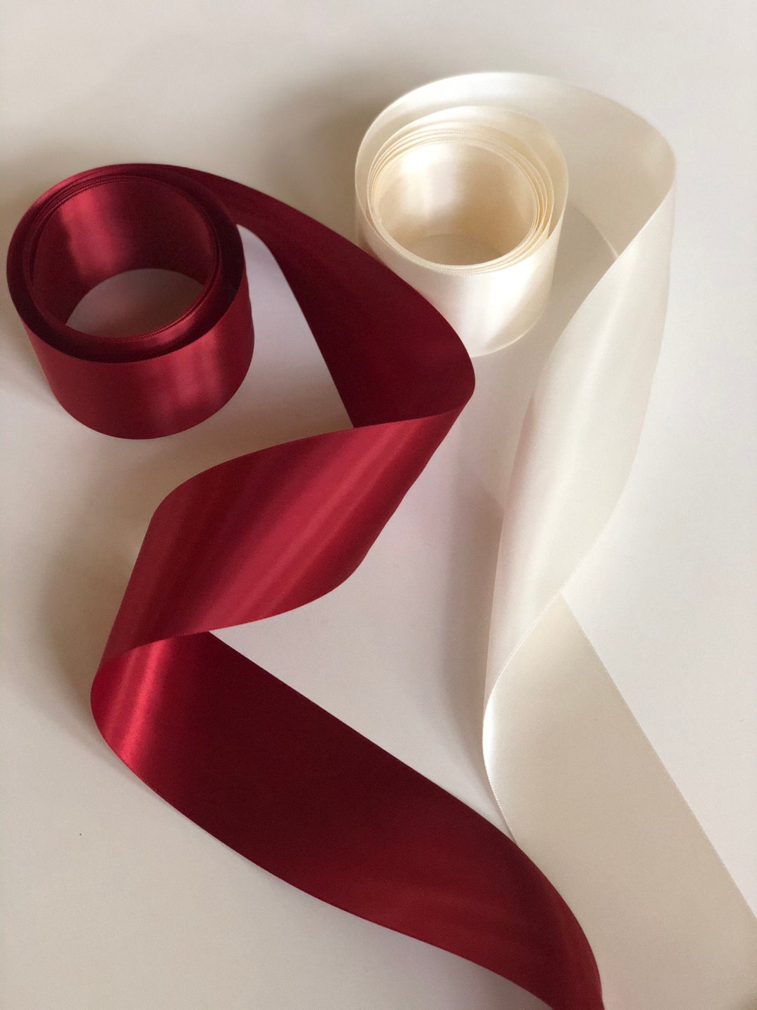 5 + Yards 2 1/4” Scarlet Red or Antique White Satin Ribbon, Double ...