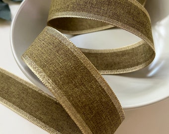 Olive Chambray Ribbon with Gold Edge, 1.5” Wide, Wired, by the Yard, for Holiday Wreath Decor, Bows, Gift Wrap, Christmas Trees, Crafts