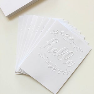 Hello Card Set, White Blank Folded Embossed Notecards with Envelopes, Textured All Occasion Greeting Note Cards, A2 5.5” x 4.25”