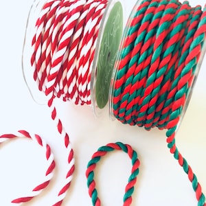 Twisted Rope Cord Ribbon, 5 + Yards x 1/4 or 1/16 inch Wide, Red White or Red Green, Christmas Ribbon, Candy Stripe, .25” 1/4”
